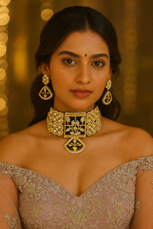 Black & Gold Floral Statement Choker Necklace Set